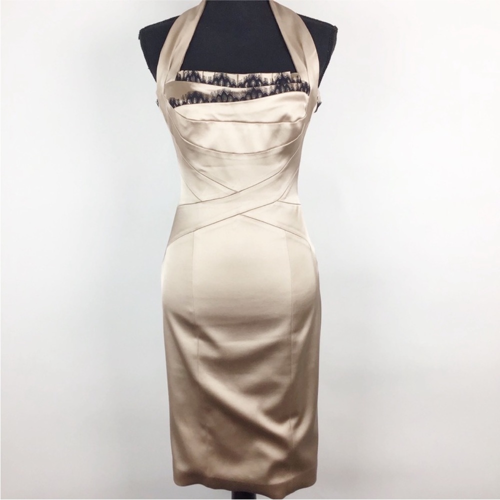Karen Millen Champagne Halter Dress with Lace Trim